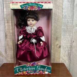 Victoria Garden Collection Brass Key Genuine Porcelain Doll w/Burgundy D…